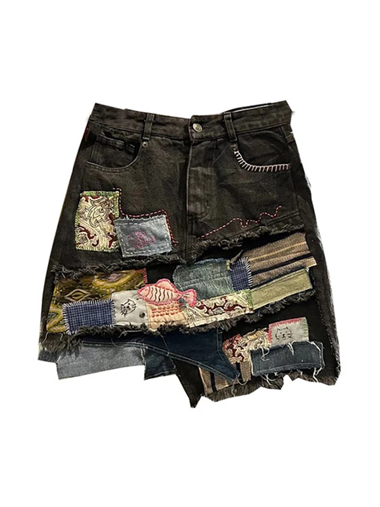 

Women's Patchwork Denim Skirt Y2k A-Line Mini Skirts Harajuku Korean Vintage 90s High Waist Jean Skirt Emo Trashy 2000s Clothes