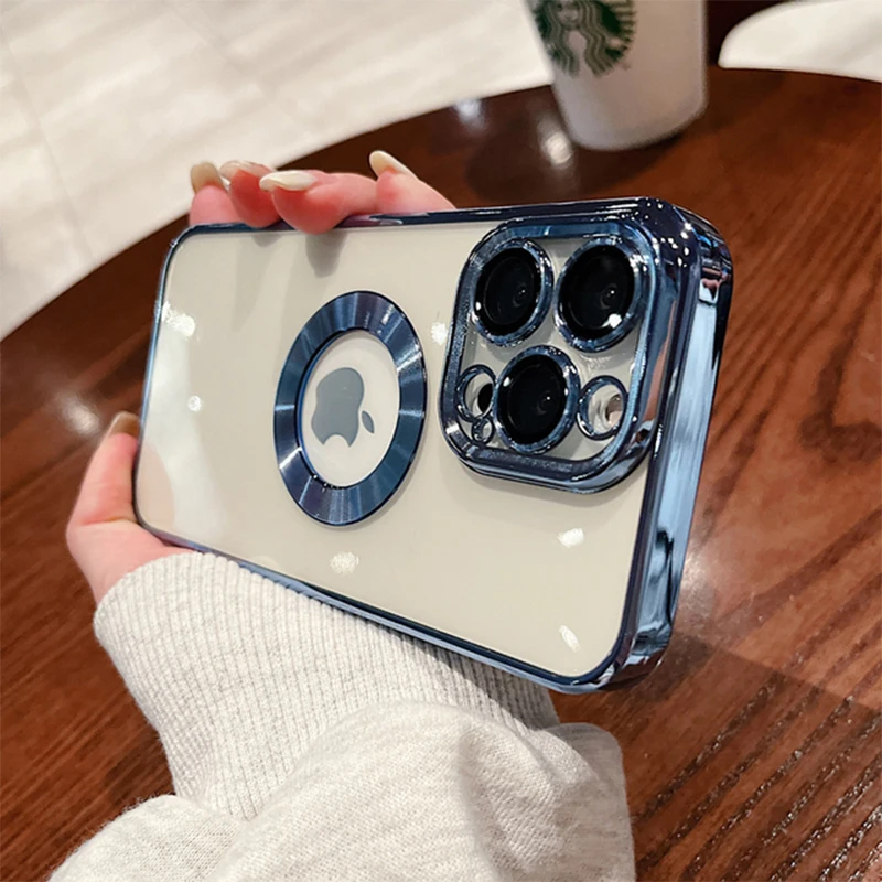Luxury Cutout Reveal Logo With Lens Protector Clear Case for iPhone 13 12 11 Pro Max XR XS X 7 8 Plus Transparent Silicone Cover