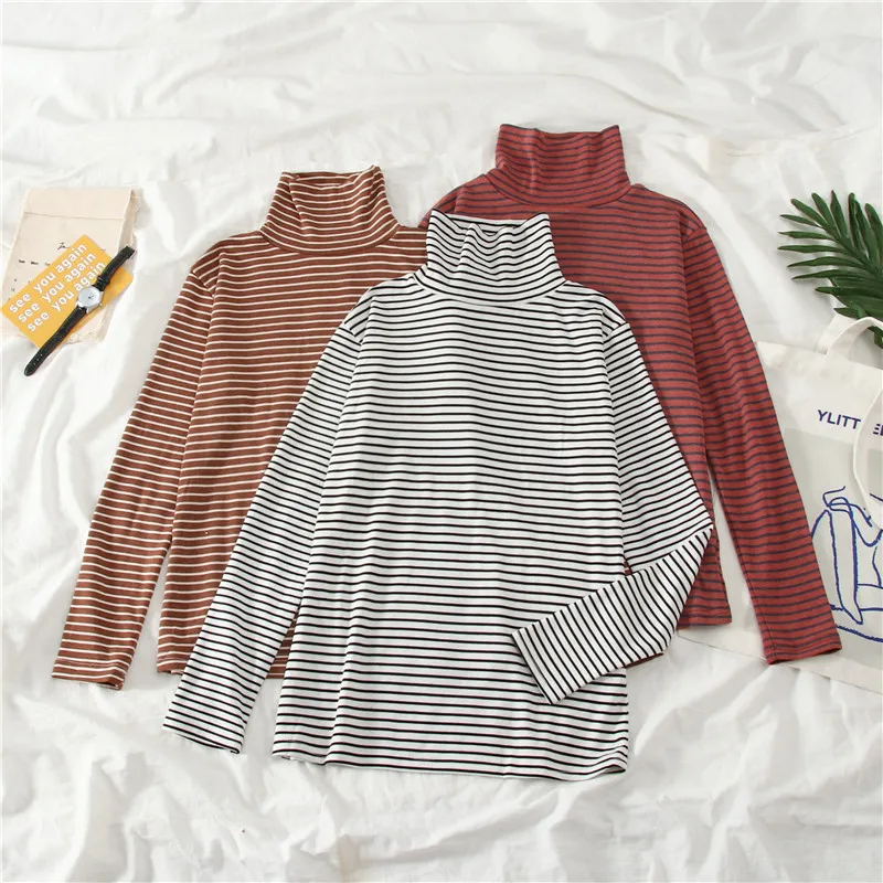 Long Sve Women's T-irt High Collar Striped Base Layer irt Inner Wear Spring Autumn Versatile Slim Fit Commute Sle