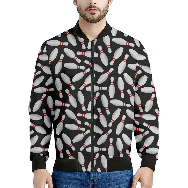 thumbnail image 1 of Chaquetas con estampado 3D de bolos para hombre, sudadera holgada deportiva de moda para primavera y otoño, chaqueta bomber informal con cremallera para la calle, 1 of 5