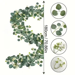 Elegant Faux Eucalyptus Garland with White Flowers - Ideal for Home Decor and Festive Accents (1.8M light green)