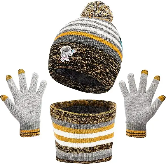 Maylisacc Winter Kids Bobble Hat Scarf Gloves Set with Double Layer Fleece Lining for Boys Girls Aged 3-8, Warm Knitted Pom Pom