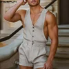 INCERUN Men Rompers Shorts Solid Color V Neck Sleeveless Button Casual Jumpsuits Men Streetwear Summer 2024 Fashion Playsuits 1
