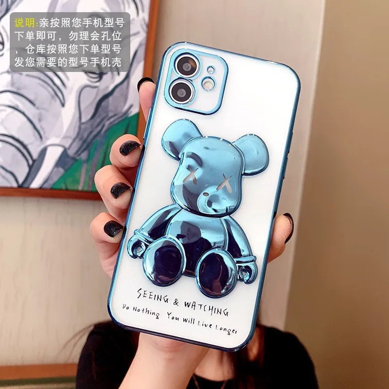 Cute Bear iPhone 13 Pro Max Case Metal Plating Border Transparent Back Cover Silicone Soft Case for iPhone12 11 Phone Case XR SX phone pouch bag Cases & Covers
