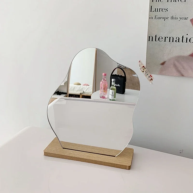 Acrylic Wooden Base Decorative Mirror Irregular Simple INS Style Makeup Mirror Bedroom Countertop Mirror Cosmetic Beauty 5