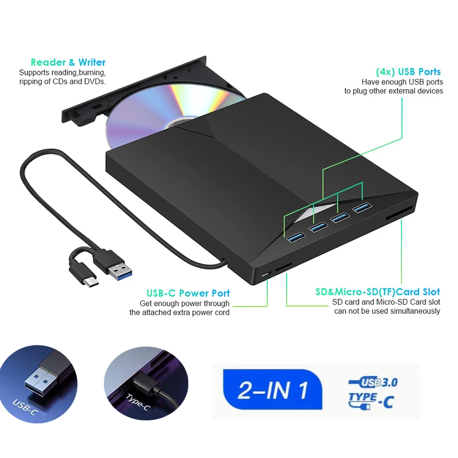 DVD Drive DVD Writer External Optical Drive AMMTOO External CD DVD Drive For Laptop USB 3.0 Ultra-Slim Portable Burner Writer Compatible With Desktop Windows 7/8/10