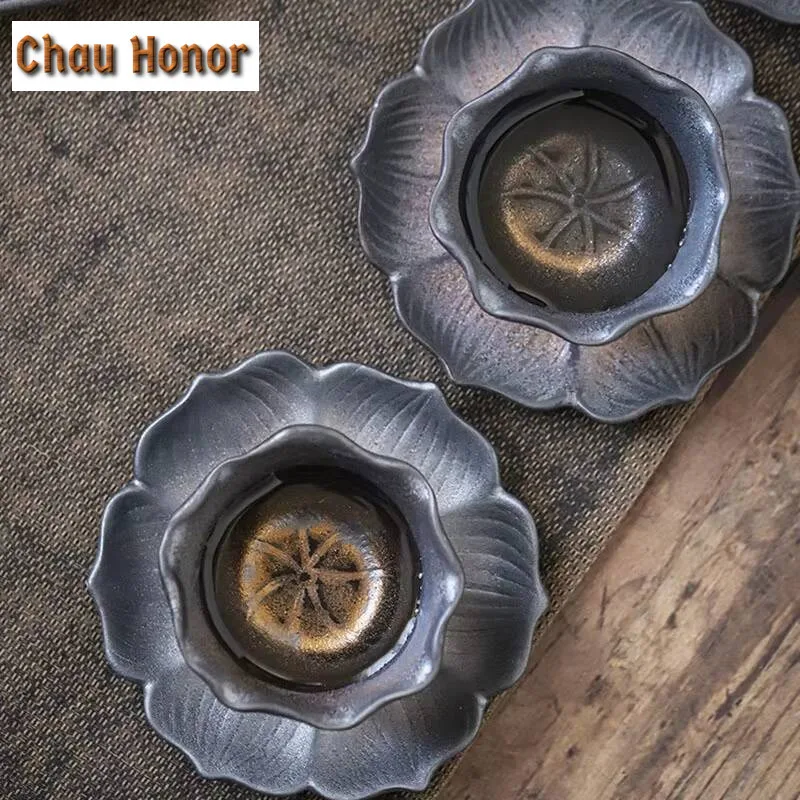2pcs /Set Japanese Style Gilded Rust Glaze Ceramic Tea Cup Creative Lotus Small Tea Cup Master Cup Kung Fu Teaset Small Tea Bowl