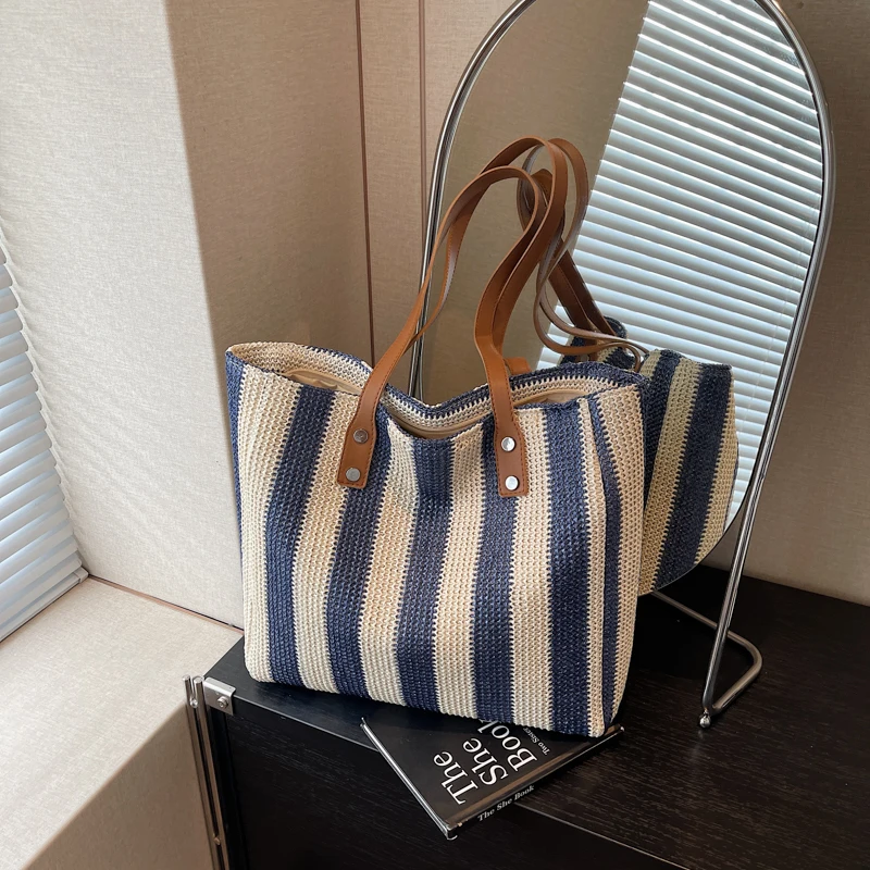 borsa luxury donna borsa donna borsa mare donna MOODS Borse tote grandi a righe per donna Borse a tracolla shopper di grande capacità con design intrecciato in tessuto di paglia Borse da spiaggia estive 2025 - immagine 6