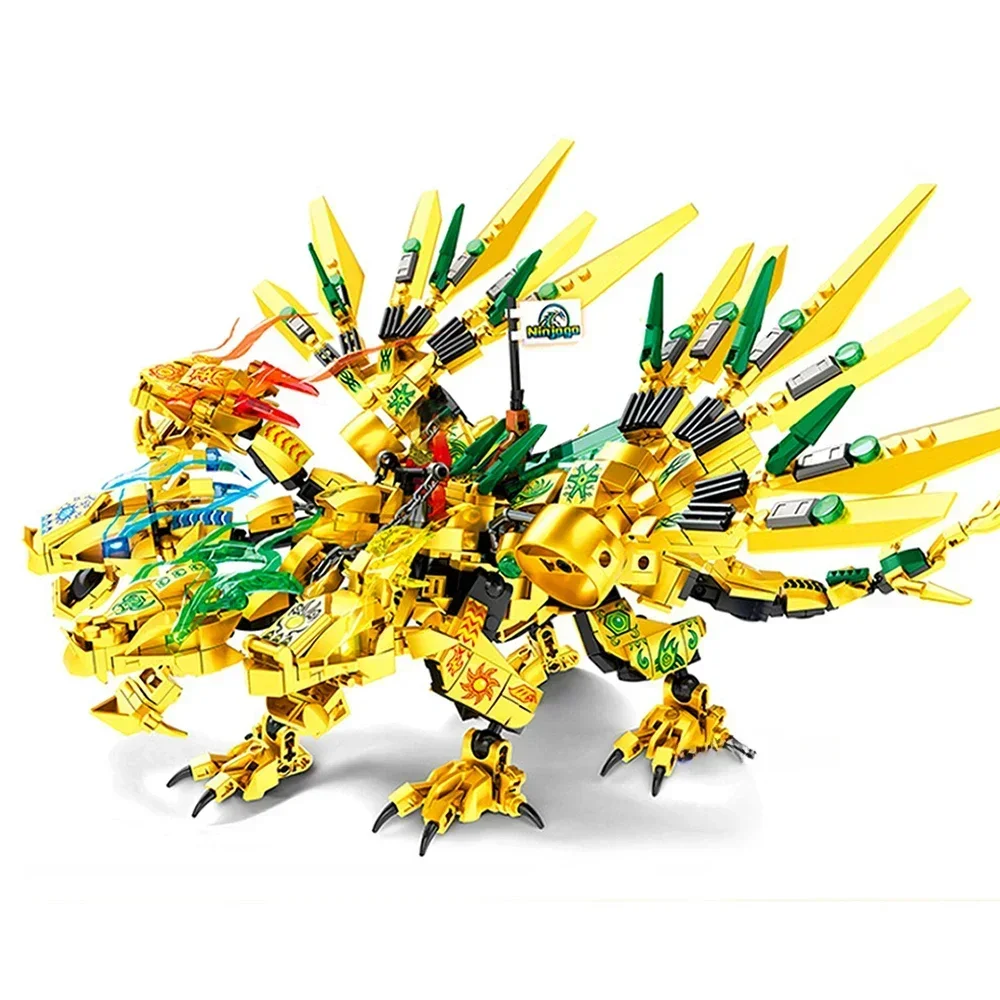 2in1 Ninja Golden Warrior Robot Mech Heads Flying Dragons Set