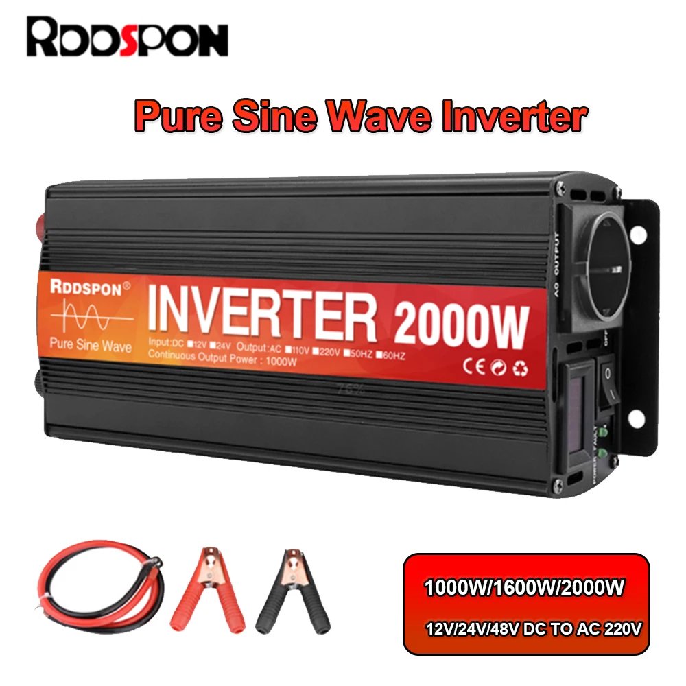 

Pure Sine Wave Inverter 1000W 1600W 2000W Power DC 12V 24V To AC 220V Voltage 50/60HZ Converter Solar Car Inverters With LED Dis