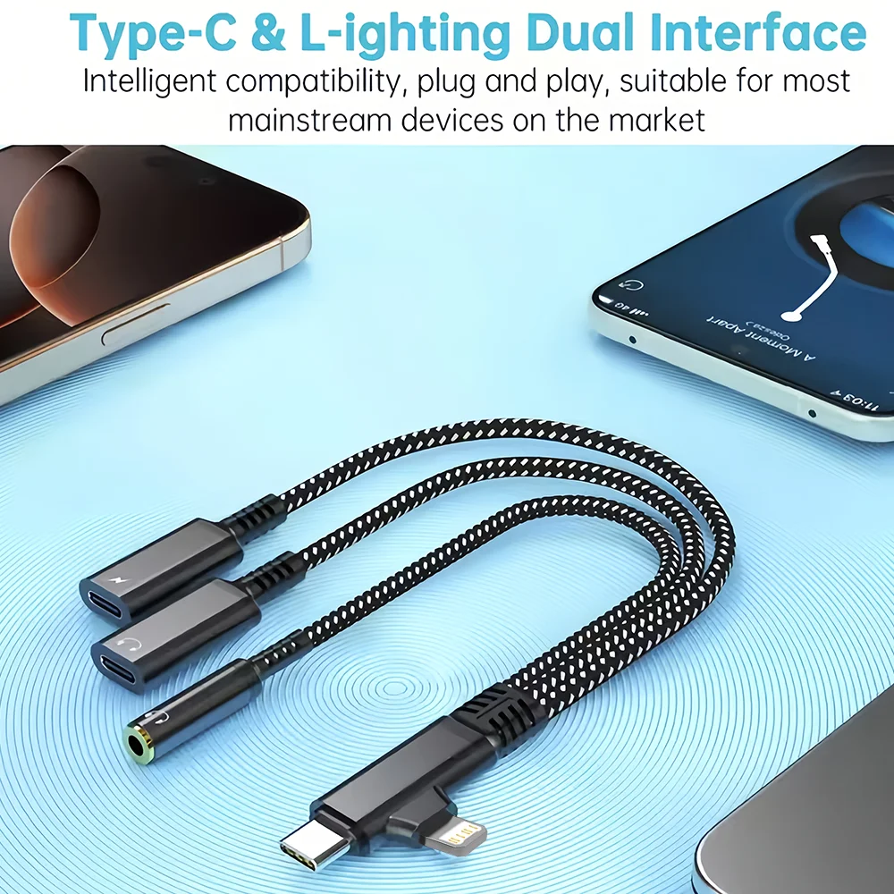 USB C 및 라이트닝-3.5mm 잭 AUX 오디오 헤드폰 어댑터 (타입 C 이어폰 및 충전 기능 포함), 아이폰 17 16 15 14 13 시리즈용