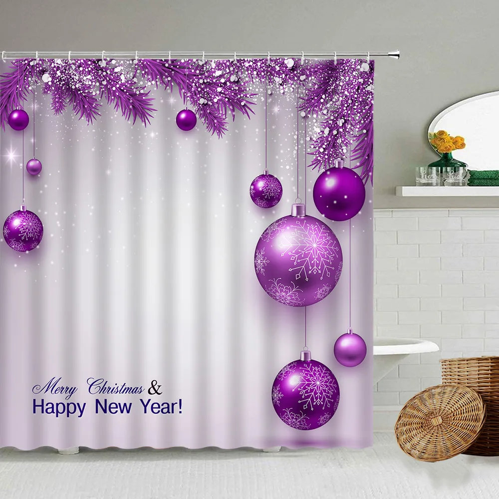 Purple Christmas Ball Shower Curtains Creative Pine Branch Winter
