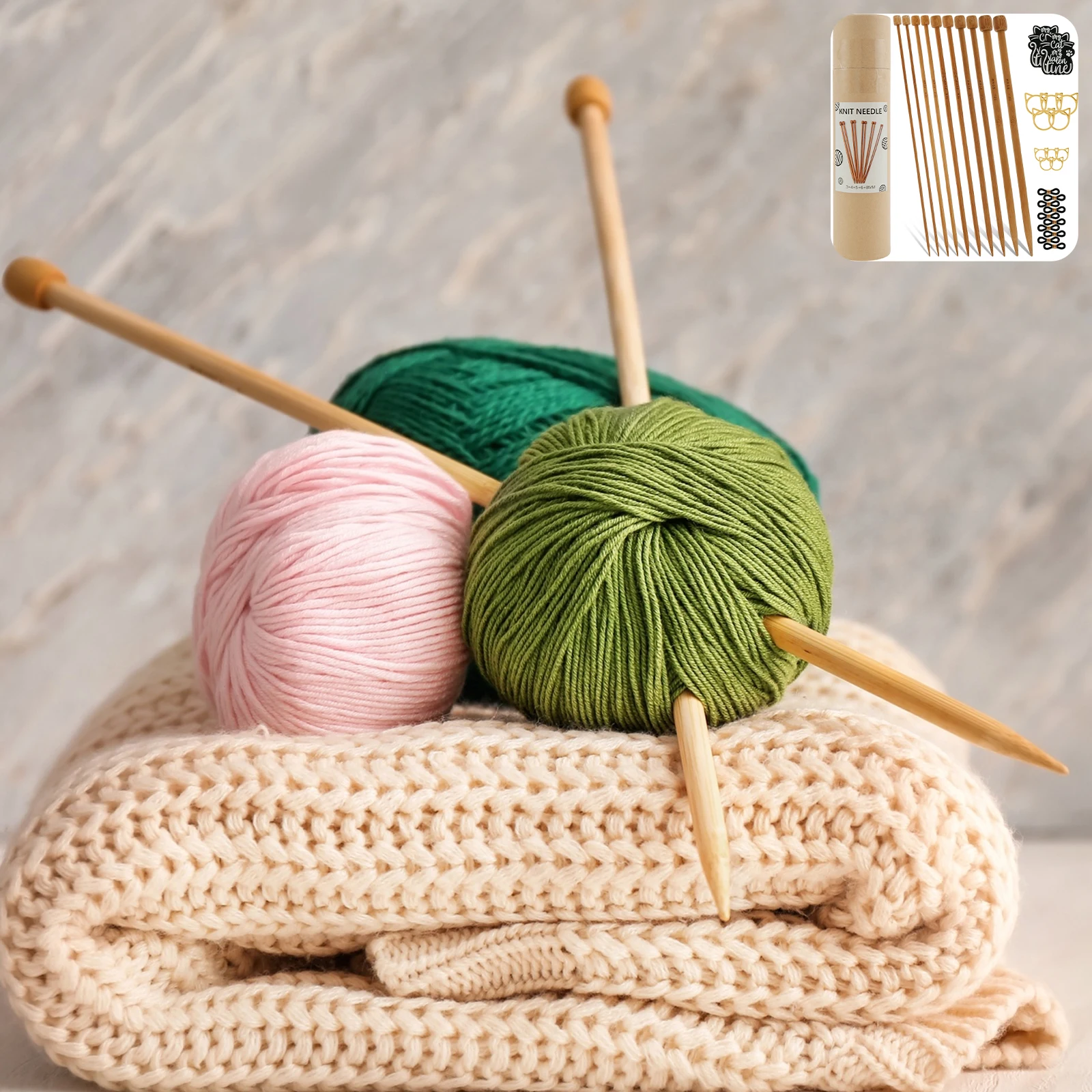 초보자용 DIY 뜨게 바늘 세트, 대나무 뜨게 바늘, 뜨게 액세서리 포함, 9.84 인치 뜨게 바늘, 10 개