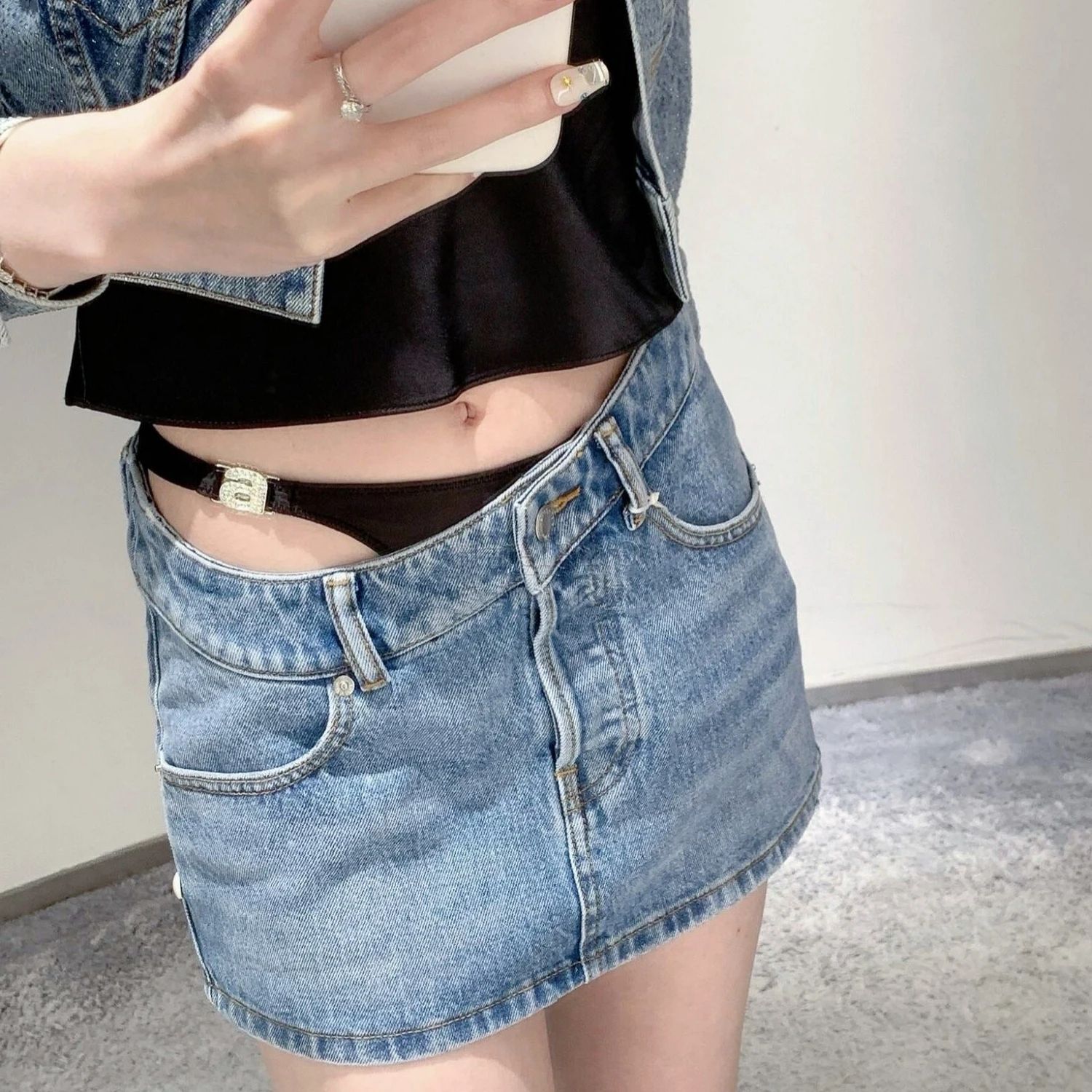 a Letter Luxury Brand Design Fake Two Pieces Denim Short  Mini Skirt For Women Sexy Fashion Y2k Wang Minifalda Dress Clothes 3