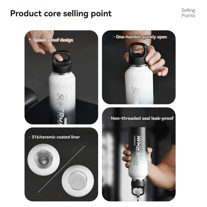 1.0L water Bottle Thermos Stainless Steel Vacuum Flask No Screw Lid coffee ice cup Keep Cold and Hot Drinkware Sport Insulated