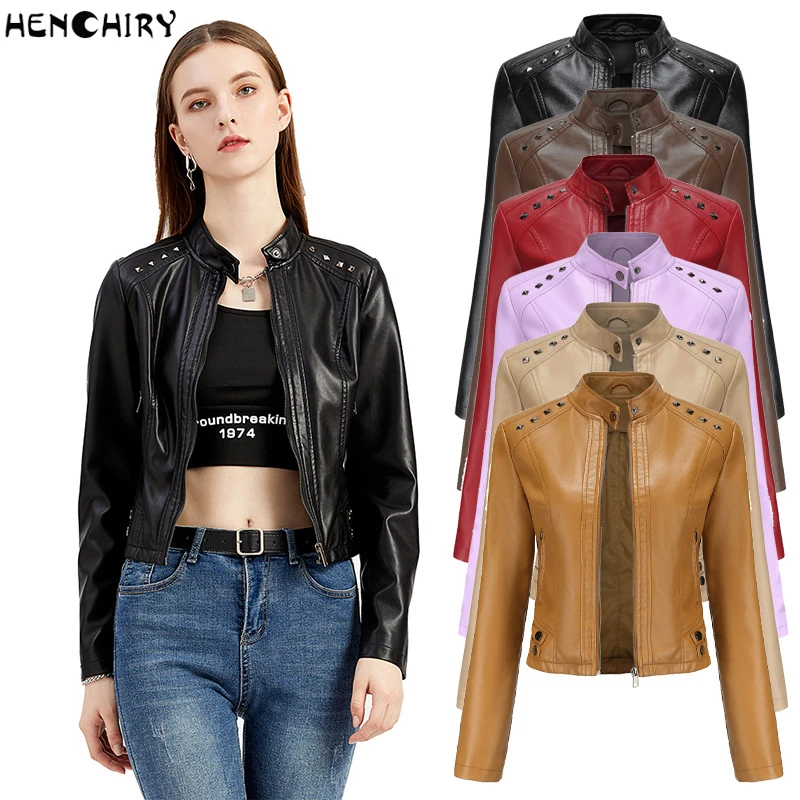 HENCHIRY Women's Leather Women's Short Spring and Autumn Jacket Long-sleeved Jacket Thin Style Stand-up Collar Fashion Jacket parka coat