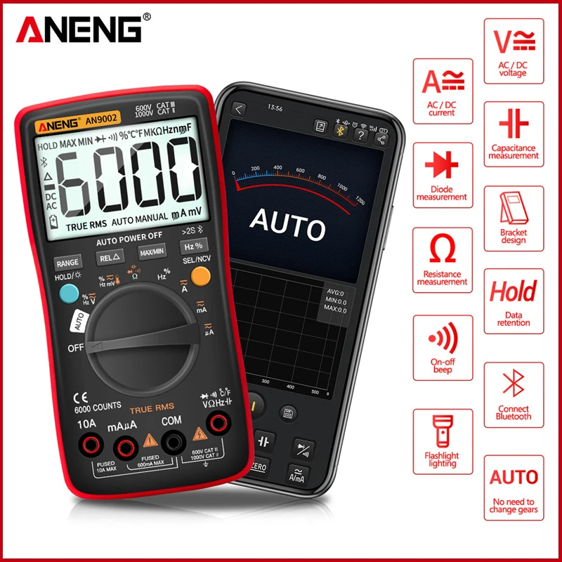 

ANENG AN9002 Bluetooth Digital Multimeter 6000 Counts Professional MultimetroTrue RMS AC/DC Current Voltage Tester Auto-Range