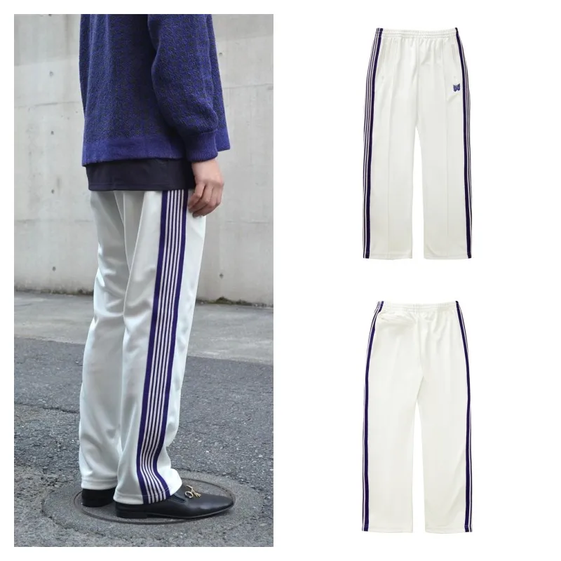 

Outdoor Jogging White Sweatpants Best Quality Butterfly Embroidered Stripe Mens Womens Needles Drawstring Pants