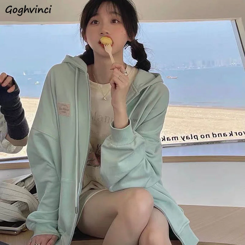 

With Hat Hoodies Women Loose Thin Green Spring New Arrival Tender Girlish College Young Chic Ulzzang Mujer Ropa All-match Ins BF
