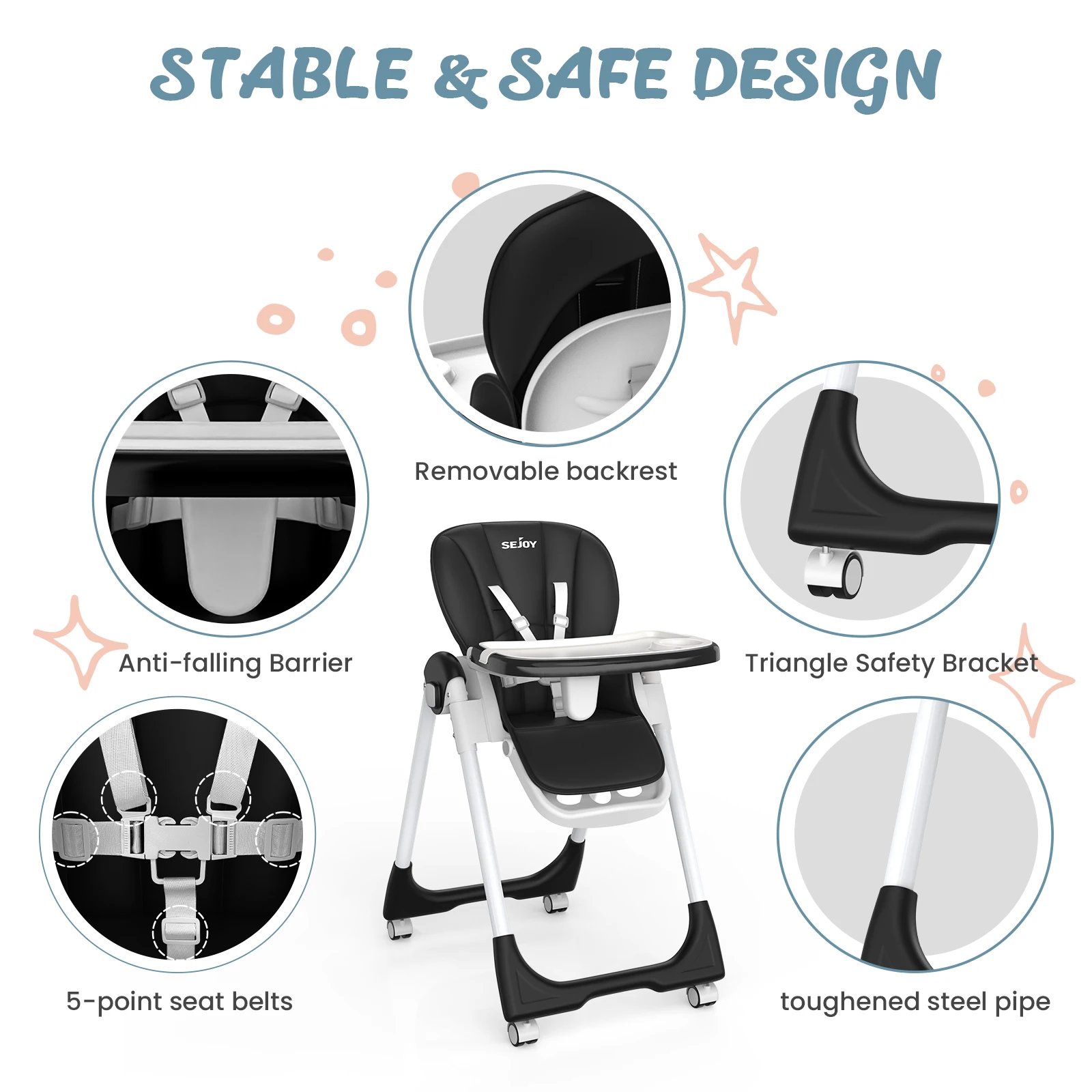 Sejoy Adjustable Baby High Chair with 5-Point Harness 3-Tier Tray & Wheels CE/CPC Certified Children's Dining Chair 4