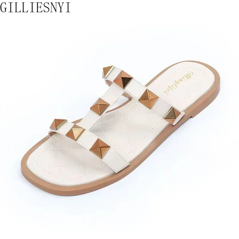 

2024 Summer Flat Riveted Slippers for Women Korean Fashion Brand Design Sandals Casual Outdoor Women's Shoes