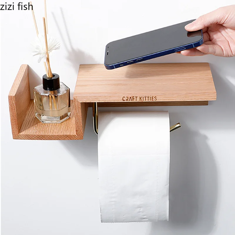 Toallero de papel de madera montado en la pared, estante de baño