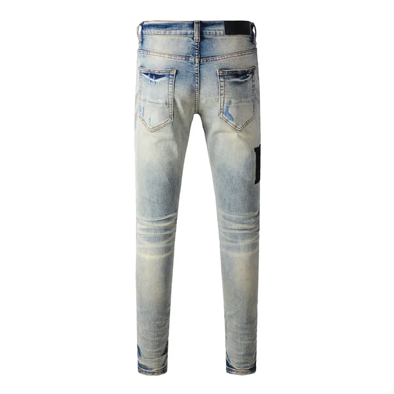 High Street Fashion Men Jeans Retro Blue Stretch Skinny Fit Hole Ripped Jeans Men Patched Designer Hip Hop Brand Pants Hombre