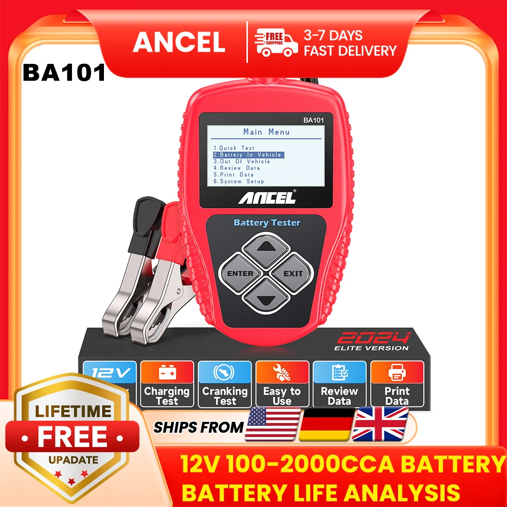 ANCEL BA101 Autobatterietester, 12 V, digitales Kfz-Lichtmaschinenmessgerät, Diagnosetool, 100–2000 CCA Tragfähigkeit, Aufladen und C