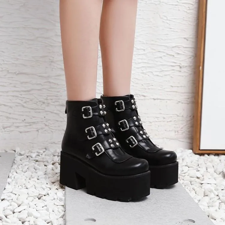 

2023 NewBiker Combat Boots Women Platforms Chunky Block High Heel Punk Shoes Gothic Rivet Buckle Ankle Military Large Size 34-45