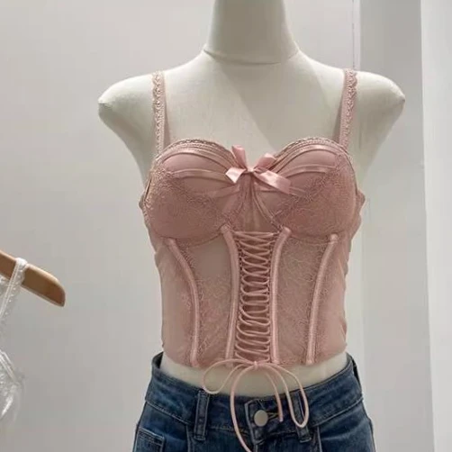 

v neck lace camis women sweet lace up lace crop tops