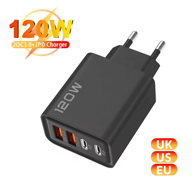 4-Port USB Charger 120W, Type-C Fast Charging Adapter for iPhone, Samsung, Xiaomi 1