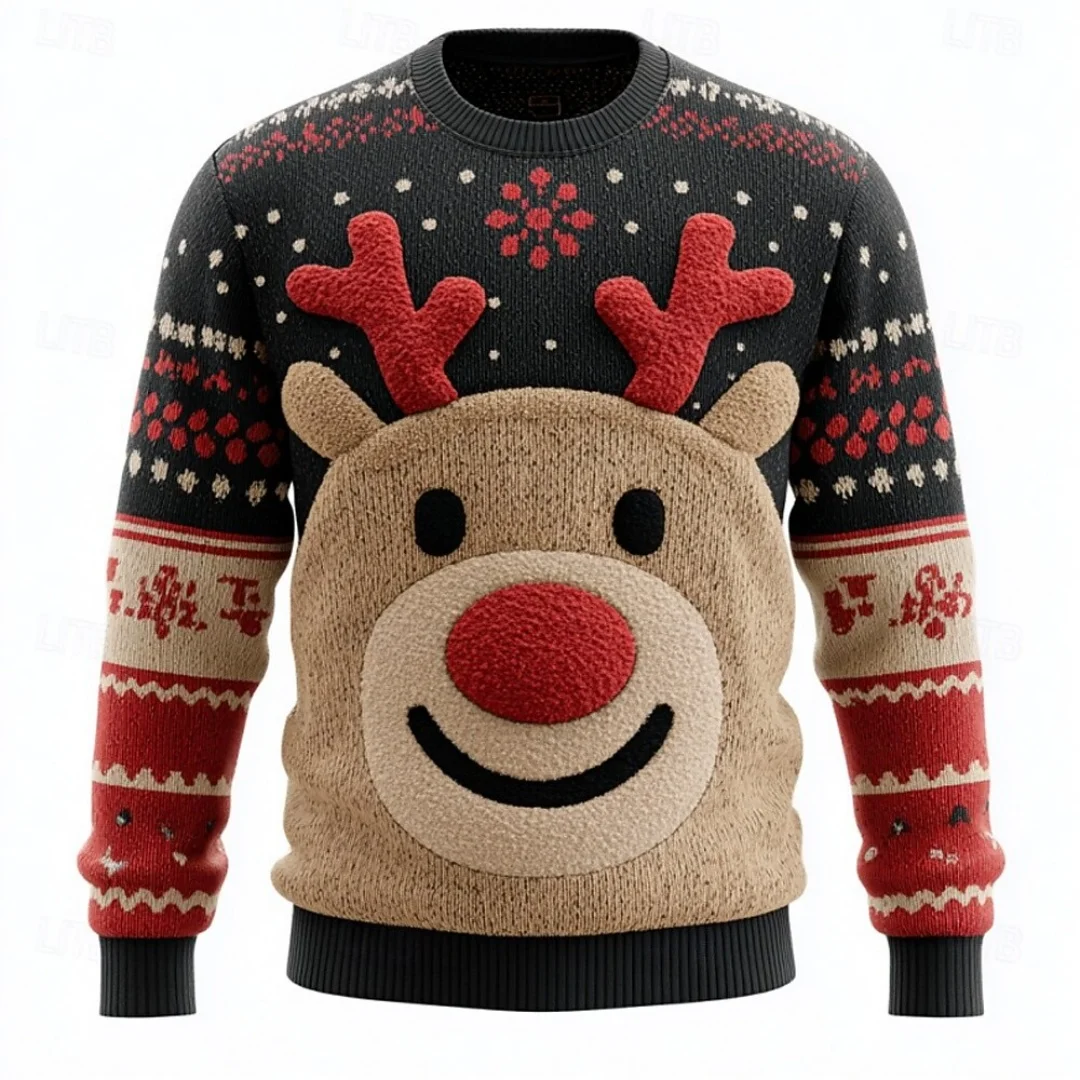 New Christmas Deer Print Warm Knitted Long Sleeve Sweater Pullover Tops Round Neck Casual Ugly Blouse Christmas Sweater Hoodies