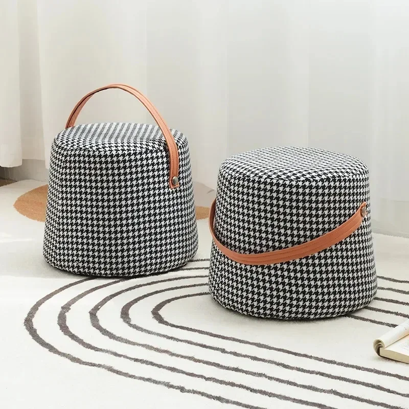 

0837 Houndstooth Pouf Nordic Fabric Small Stool Hallway Ottoman Living Room Pedal Sofa Ottoman Portable Creative Pouf Round Stoo