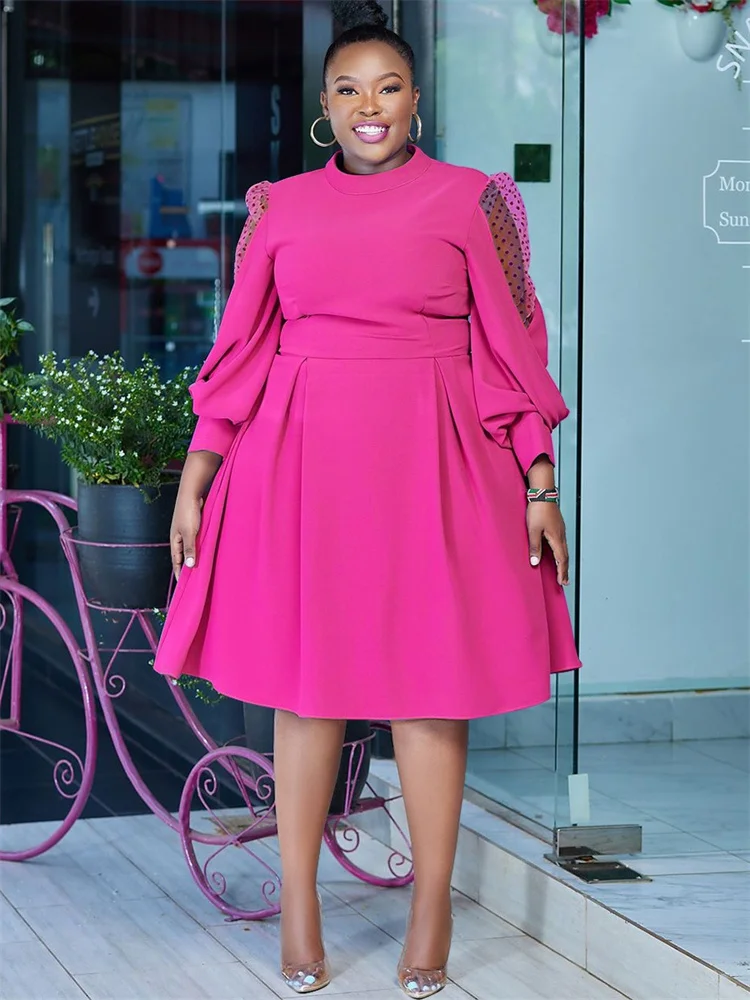 Wmstar Plus Size Dresses Women Solid Casual Mesh Long Sleeve Midi Dress Elegant Streetwear Party Dress Wholesale Dropshipping
