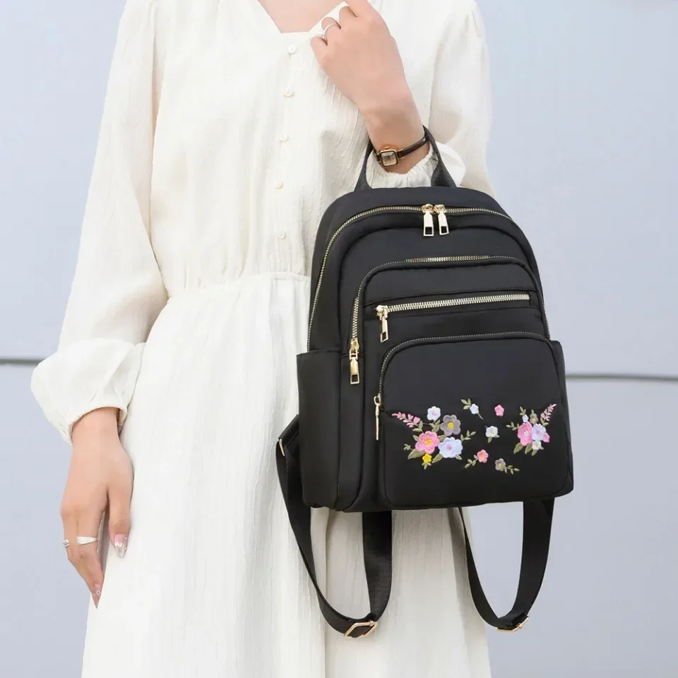 Fashion Nylon Backpack For Women Embroidery Design Student School Bag Leisure Travel Rucksack Popular Girl Commuting Sac A Dos 2