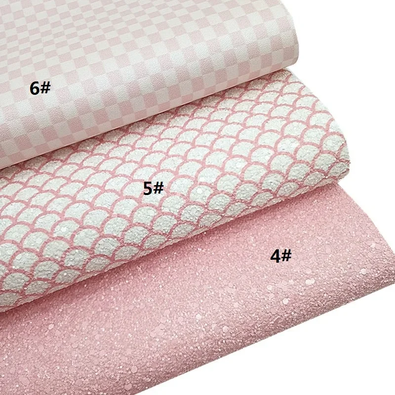 Leather Fabric Glitter Fabric Printed Leather Sheets Pink Glitter Leather with Hearts Flowers Plaids Printed Synthetic Leather Mermaid Glitter Vinyl DIY Craft Sheets Mini Rolls W408
