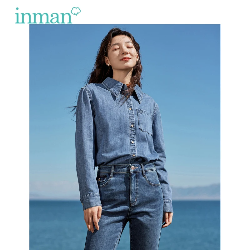 INMAN Women Denim Shirt 2023 Winter Long Sleeve Polo Neck Loose Blouse Embroidery 100% Cotton Fashion Casual Versatile Outwear