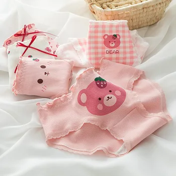 1-Pack Kawaii Bear Print Cotton Panties Women's Breathable Underwear Peach Blush Gingham Ruffled Briefs Low Rise Ladies Lingerie 1