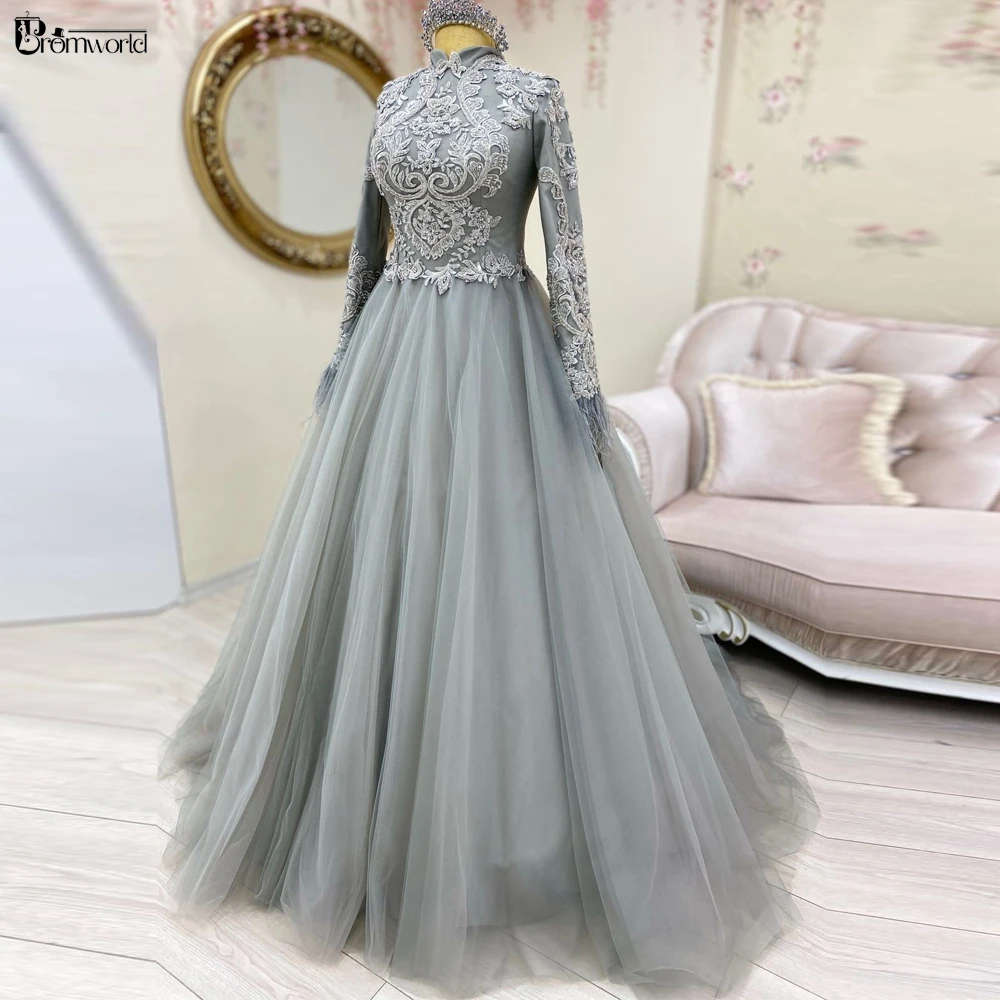 Gray Muslim Hijab Evening Dresses ALine 