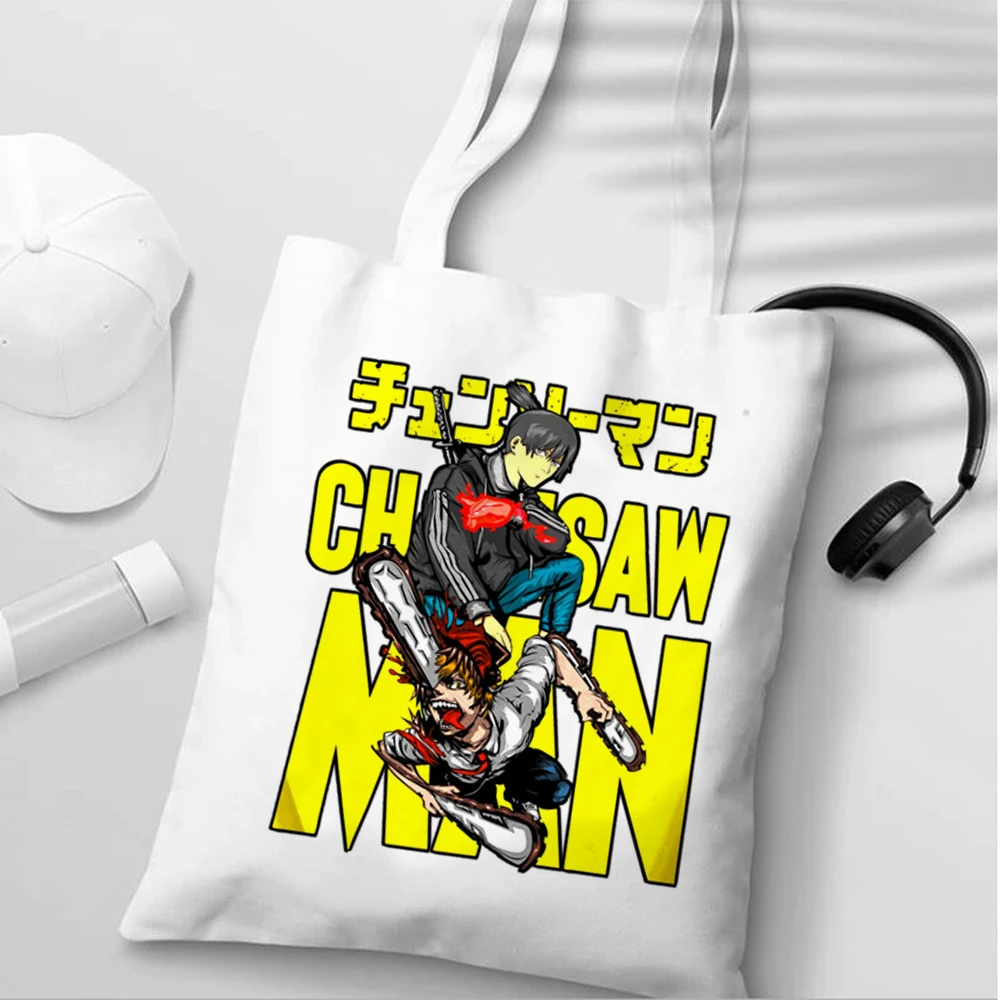 chainsaw man shopping bag reusable jute bag handbag cotton shopper tote