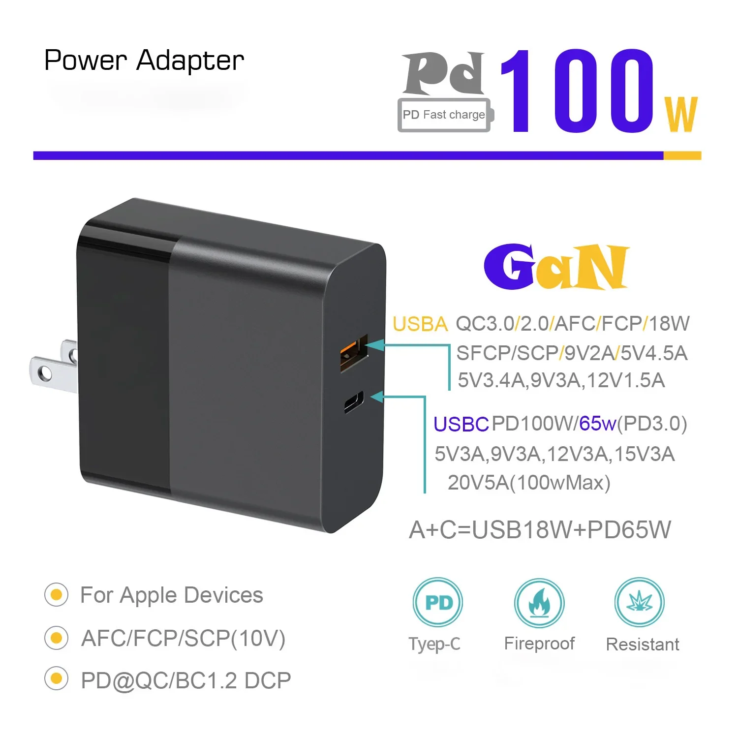 FMchip 100W Power GAN Charger Type-C QC PD Adapter Charger QC3.0 for Latop Soldering Iron Mobile Phone Replacement Adapter 3