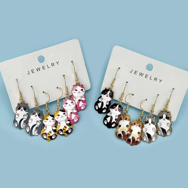 3Pairs/Set New Fun and Cute Enamel Alloy Cat Dangle Earrings Cartoon Style Colored Cat Ear Jewelry Set Gift For Women Girls 1