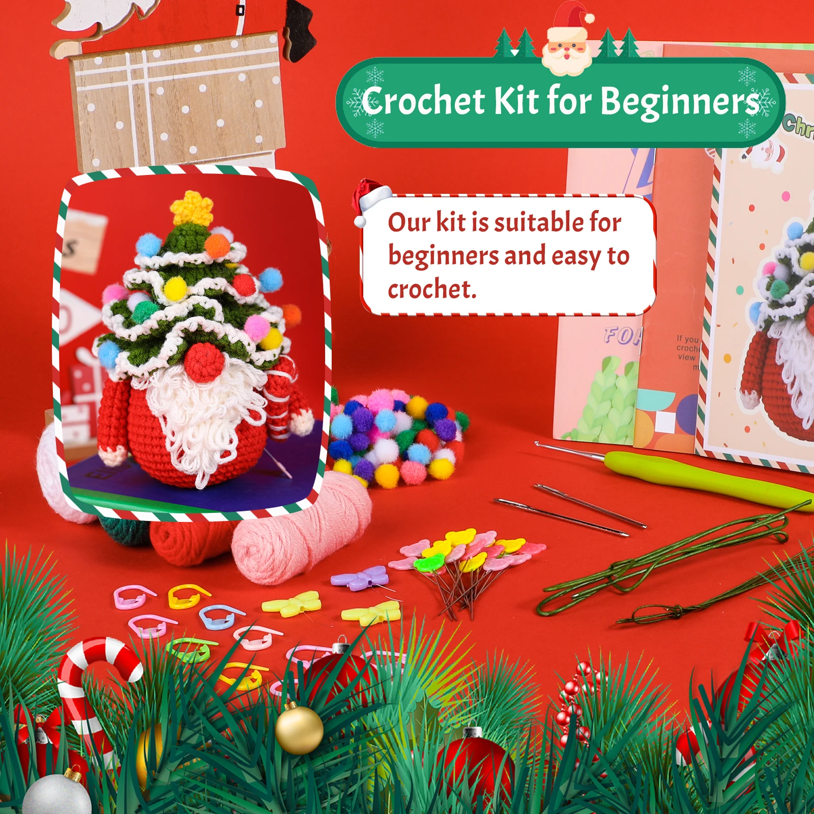 Crochet Kit for Beginners Knitting Kit with Yarn Crochet Starter Easy Christmas Wreath for Adults Beginners