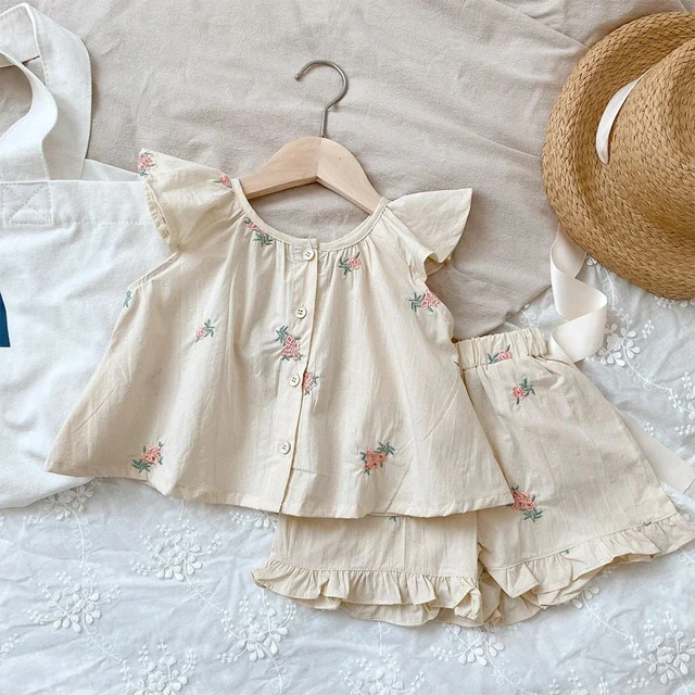 Girls' Summer Fashion Set Children's Flower Print Flying Sleeve Top+Shorts Two Piece Cute Little Girl Refreshing Set 1