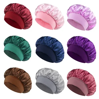 Cofano per capelli da donna in raso per dormire Cura dei capelli Cofani in seta Cappello per dormire a tesa larga solido con fascia elastica morbida 1