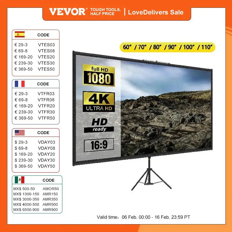 Vevor Schermo Cinematografico Per Esterni, 279,4Cm Schermo Per Proiettore, Hd 16:9 Schermo Del Proiettore Portatile Con Supporto Treppiede In Allumini