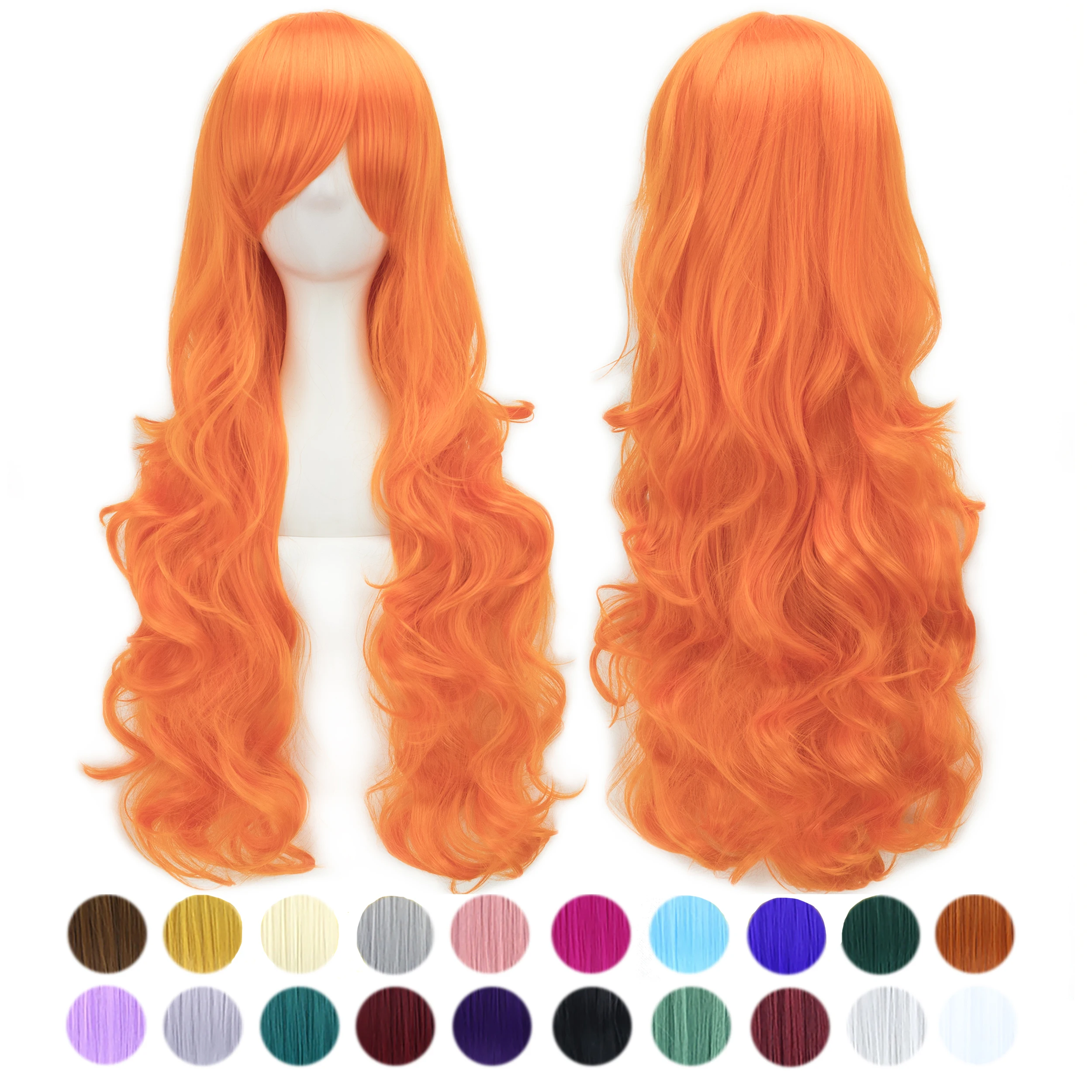 

Soowee 80cm Long Orange Curly Natural Hair Cosplay Wig with Bangs Colorful Halloween Costume Party Wigs for Women