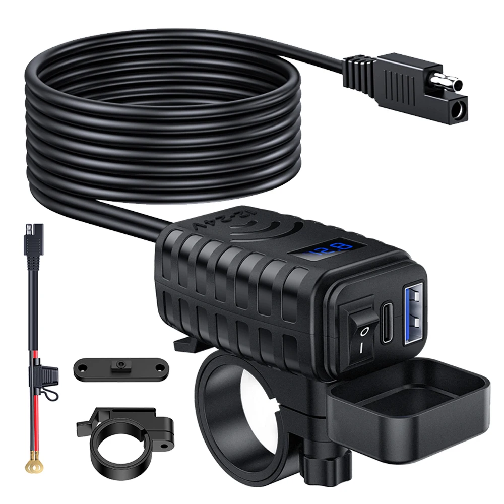 High-Power Waterproof Motorcycle USB Charger with Voltmeter & ON/Off Switch