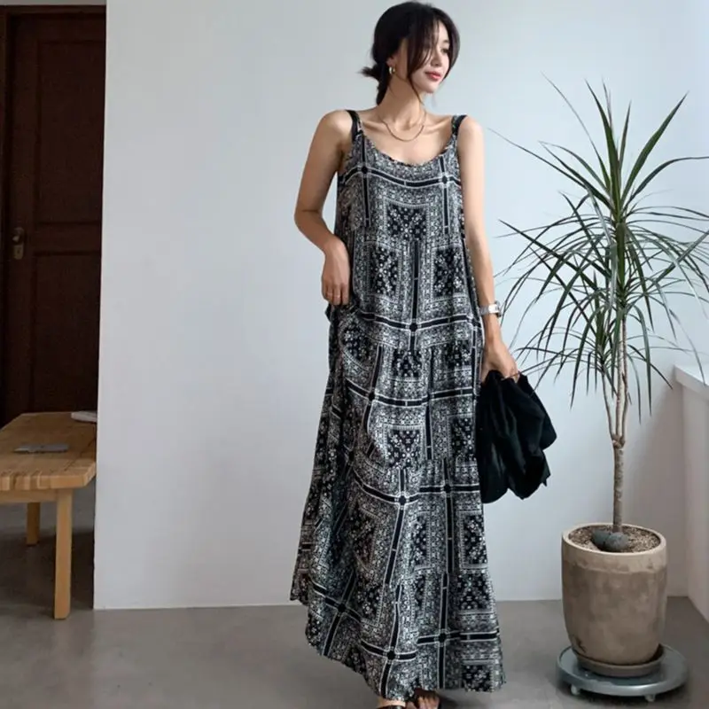 

Korean Style 2023 Summer Female Strap Dress Vintage Printing Sleeveless Long Loose Women's Beach Dress Lady Cotton Beach Dresses