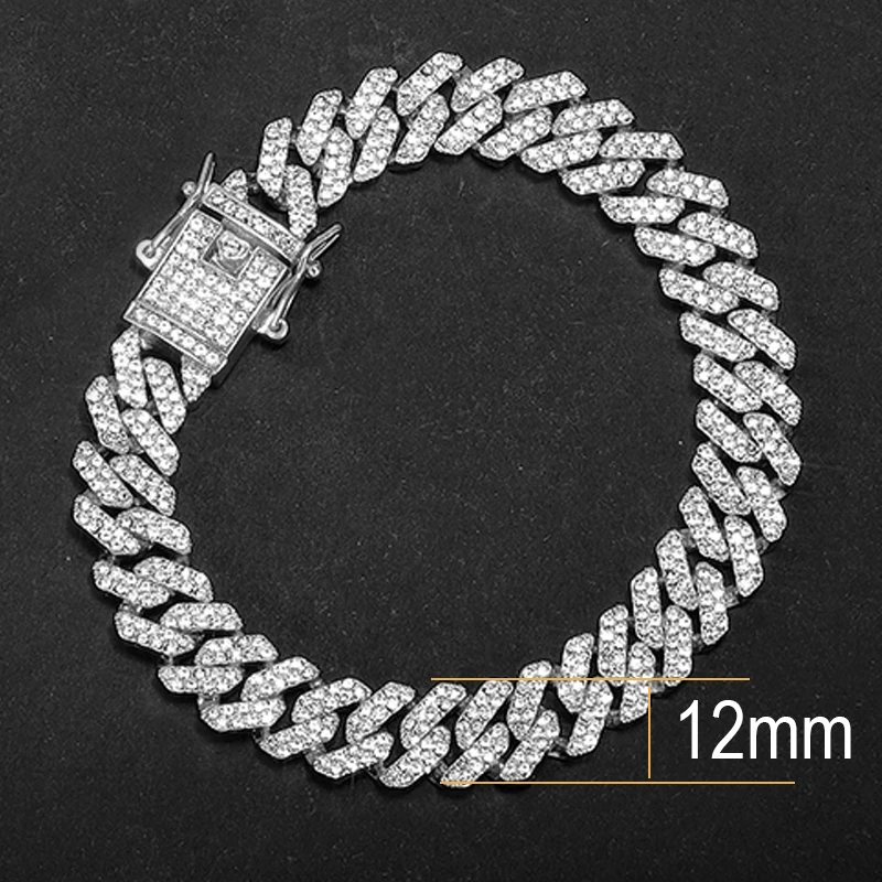 Hip Hop Men Women 12MM Prong Cuban Link Chain Bracelet Iced Out